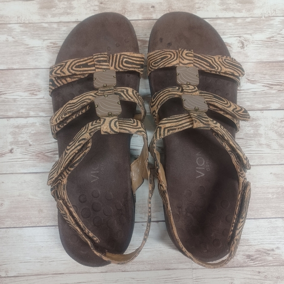 Vionic Orthotic Insole Footbed Brown Black Tan Cork Faux Woodgrain Size 9 Sandal - Picture 12 of 14